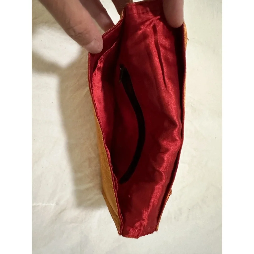 Vintage Hand Embroidered Floral Silk Clutch Bag Burnt Orange Red Satin Lining